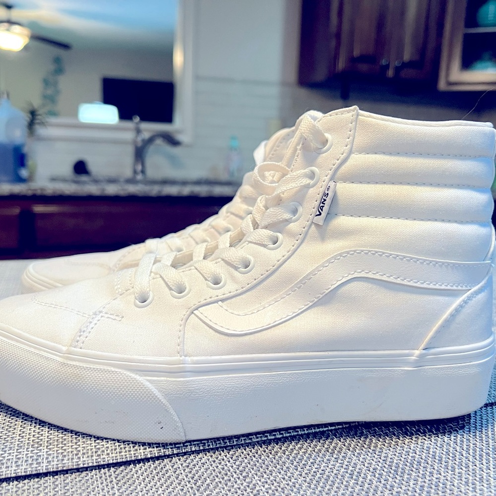 Size 9 High top platform Vans , white on white